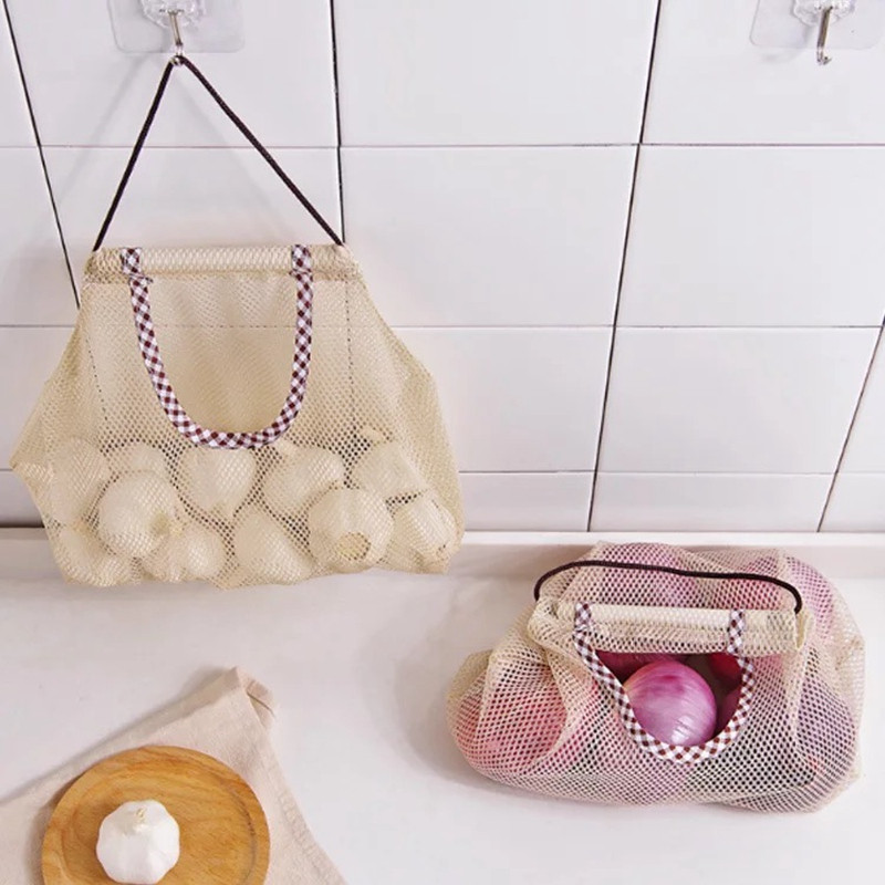 Бежова мрежа Мрежа за многократна употреба Висящи чанти за съхранение Плодове Зеленчуци Чесън Лук Органайзер Домашна куха мрежеста чанта Кухненски аксесоари
