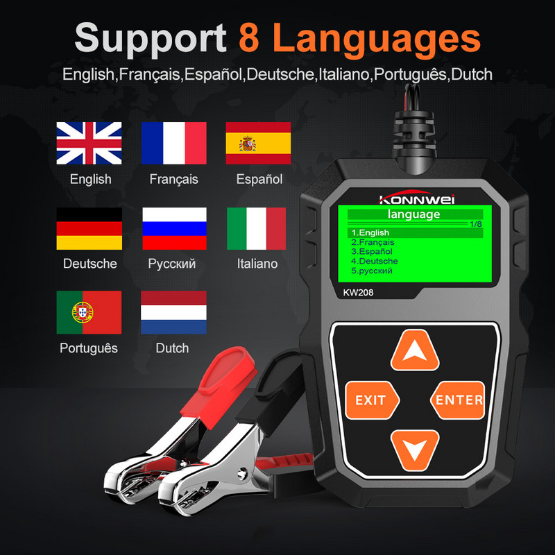 KONNWEI KW208 12V тестер за автомобилни акумулатори 100 до 2000CCA 12 волта Инструменти за батерии за автомобила Диагностичен инструмент за бързо зареждане