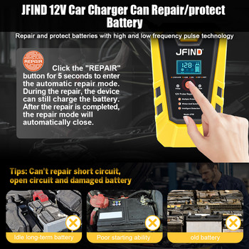 Jfind 12V Pulse Repair 6A Φορτιστής μπαταρίας αυτοκινήτου λιθίου μολύβδου-οξέος για αυτοκίνητο/μοτοσικλέτα Έλεγχος μπαταρίας οθόνης LCD Γρήγορη φόρτιση