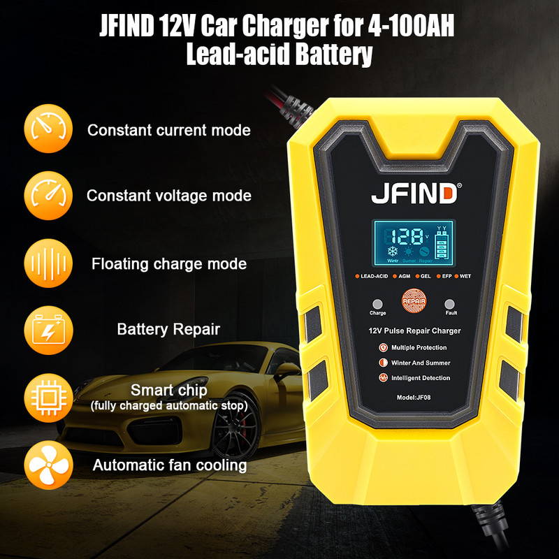 Jfind 12V Pulse Repair 6A Lead-acid lithium Car Battery Charger for Car/Motorcycle LCD Display тестер за батерии Fast Charge