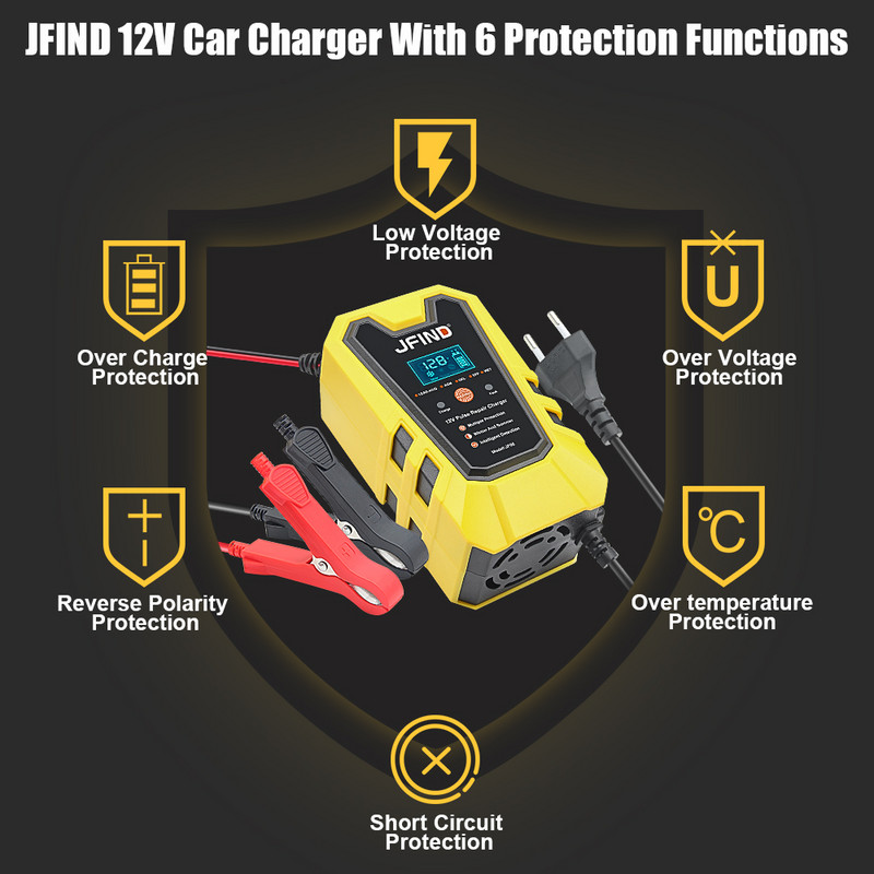 Jfind 12V Pulse Repair 6A Lead-acid lithium Car Battery Charger for Car/Motorcycle LCD Display тестер за батерии Fast Charge