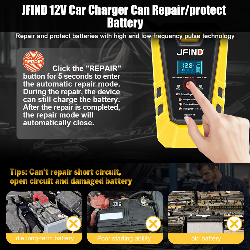 Jfind 12V Pulse Repair 6A Lead-acid lithium Car Battery Charger for Car/Motorcycle LCD Display тестер за батерии Fast Charge