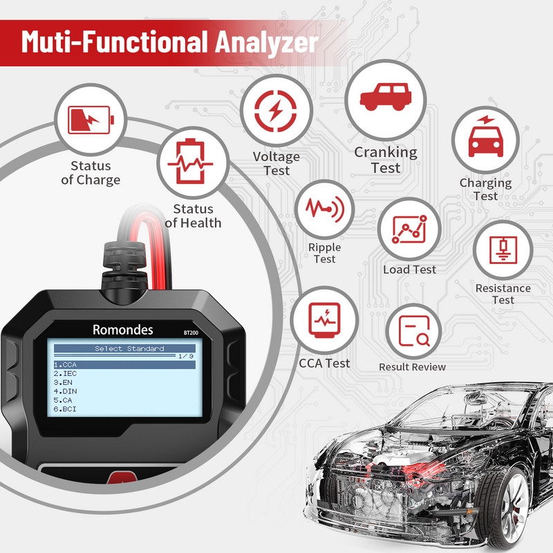 Romondes BT200 Тестер за автомобилни акумулатори 12V 100-2000 CCA Система за откриване на акумулатори Автоматичен анализатор на акумулатори Инструмент за автомобилни акумулатори PK BM550
