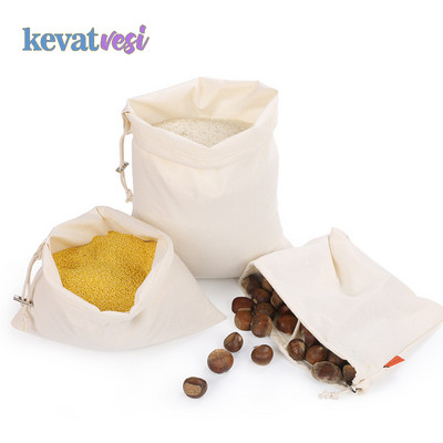 Чанти за продукти за многократна употреба Чанти за съхранение на плодове и зеленчуци Органични памучни торби с шнурове Кухненски зърна Органайзер за храна Екологичен