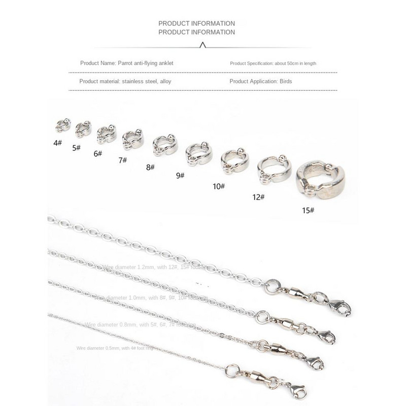 Inel pentru picior pentru papagal. gleznă cu dimensiuni multiple, cu lanț de prindere pentru papagal. Accesorii pentru antrenament pentru zbor, mers în aer liber