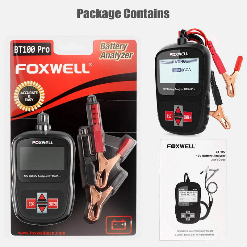 FOXWELL BT100 Pro 12V Tester baterie auto Analizor de sănătate Instrument de diagnosticare pentru baterie inundată AGM GEL 100 până la 1100CCA 200AH