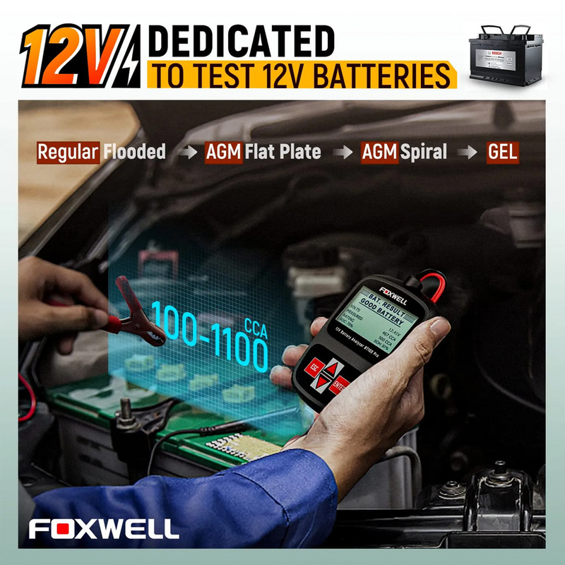 FOXWELL BT100 Pro 12V Tester baterie auto Analizor de sănătate Instrument de diagnosticare pentru baterie inundată AGM GEL 100 până la 1100CCA 200AH