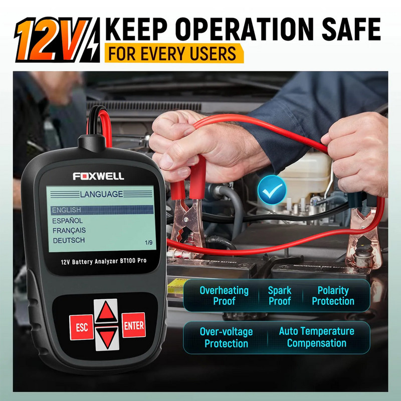 FOXWELL BT100 Pro 12V Tester baterie auto Analizor de sănătate Instrument de diagnosticare pentru baterie inundată AGM GEL 100 până la 1100CCA 200AH