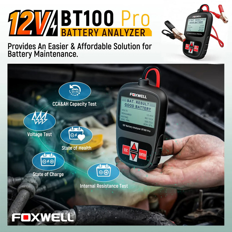 FOXWELL BT100 Pro 12V Tester baterie auto Analizor de sănătate Instrument de diagnosticare pentru baterie inundată AGM GEL 100 până la 1100CCA 200AH