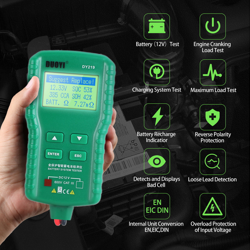 DUOYI DY219 Multimetru digital 12V Instrumente de diagnosticare pentru automobile Plumb acid 100 ~ 1700CCA Sarcină Analizor automat Tester baterie auto