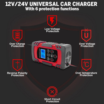 12V/24V импулсен ремонт 4A/6A/8A зарядно устройство за автомобилни батерии Оловно-киселинен литиев LCD дисплей тестер за батерии Бързо зареждане за автомобил/мотоциклет