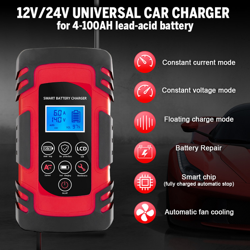 12V/24V Puls Reparare 4A/6A/8A Încărcător de baterie auto cu plumb-acid litiu LCD Display tester pentru baterie Încărcare rapidă pentru mașină/motocicletă
