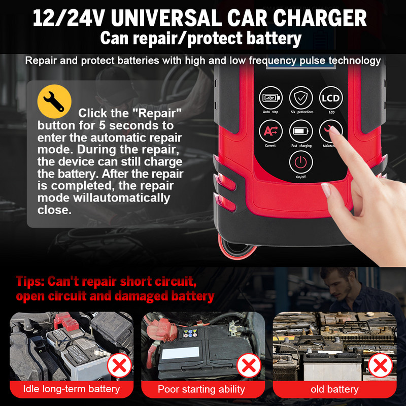 12V/24V Puls Reparare 4A/6A/8A Încărcător de baterie auto cu plumb-acid litiu LCD Display tester pentru baterie Încărcare rapidă pentru mașină/motocicletă