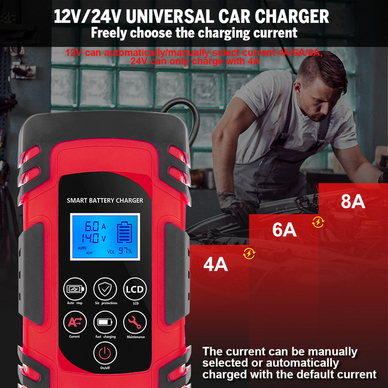 12V/24V Puls Reparare 4A/6A/8A Încărcător de baterie auto cu plumb-acid litiu LCD Display tester pentru baterie Încărcare rapidă pentru mașină/motocicletă