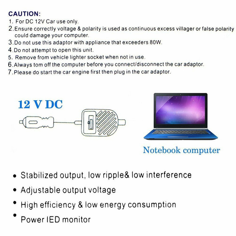 Încărcător universal pentru mașină, 80 W DC, Adaptor pentru notebook, set de surse de alimentare cu LED reglabil + 8 mufe detașabile, încărcător pentru computer