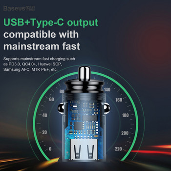 Baseus 30W Бързо зарядно устройство 3.0 Двоен USB адаптер за бързо зареждане Зарядно за телефон за кола Тип C PD Зареждане за кола за мобилен телефон Charge 4.0