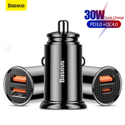 Baseus 30W Quick Charger 3.0 Dual USB Fast Charging Adapter Φορτιστής τηλεφώνου αυτοκινήτου Τύπος C PD Car Charging for Mobile Phone Charge 4.0