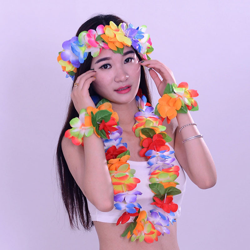 Ghirlandă de flori din pânză din Hawaii Colier inel Brățară pentru Festivalul de Anul Nou de Crăciun Articole pentru decorațiuni pentru petreceri de nuntă 4 buc.