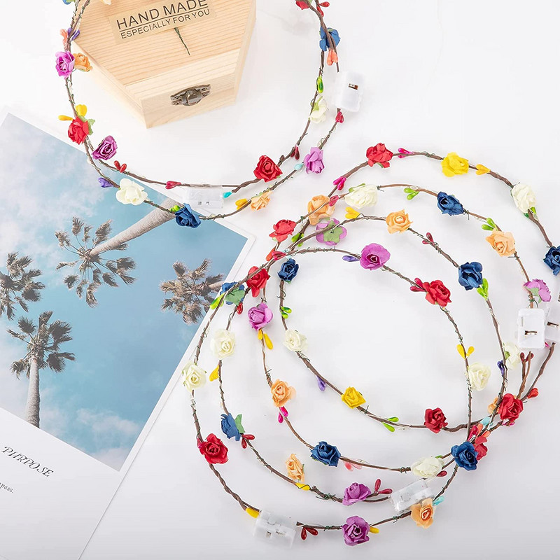 5 bucăți coroană de flori cu LED-uri bentită de coroană de flori cu LED luminoasă pentru cap pentru fete, femei, nuntă, vacanță, petrecere de Crăciun