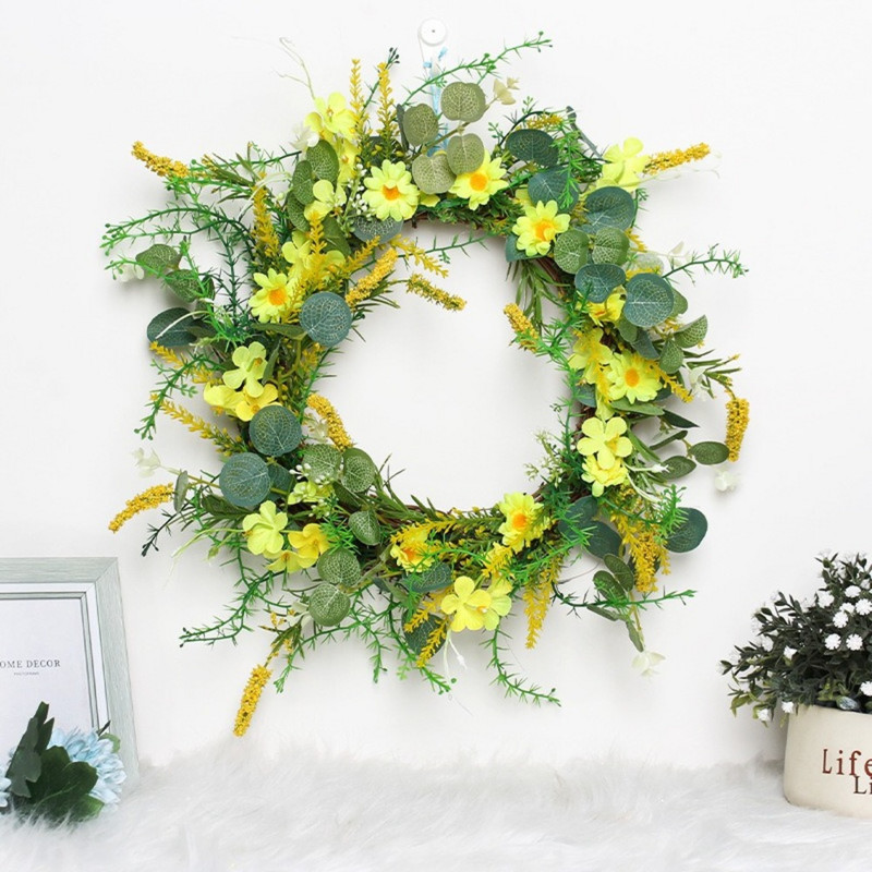 Coronițe de primăvară de 35 cm, flori artificiale, margarete, pentru decorarea ușii, ornamente de nuntă, inel din ratan, pandantiv pentru acasă, pentru petreceri