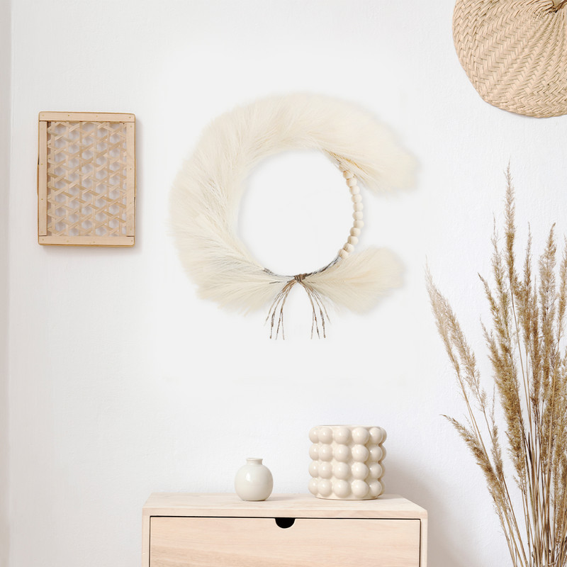 Ghirlandă de mărgele din lemn de stuf, în stil boem, coroană de iarbă de pampas, agățată pentru ușă, decorare de perete, iarbă de pascal, stuf, decor acasă