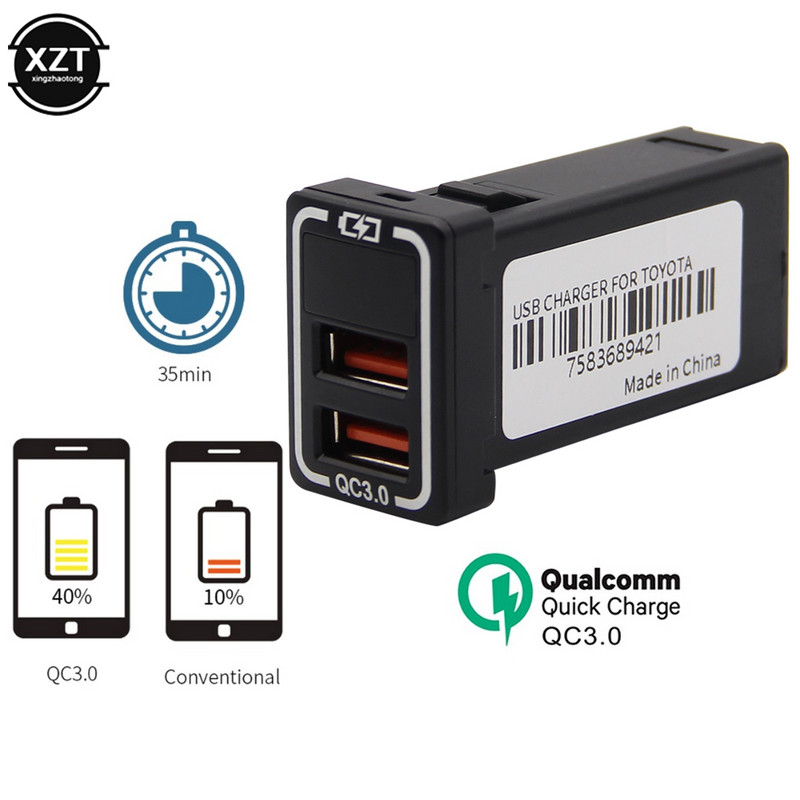 Încărcător de mașină universal cu două porturi USB Priză audio AUX Adaptor de încărcare rapidă QC3.0 cu afișaj voltmetru LED pentru Toyota