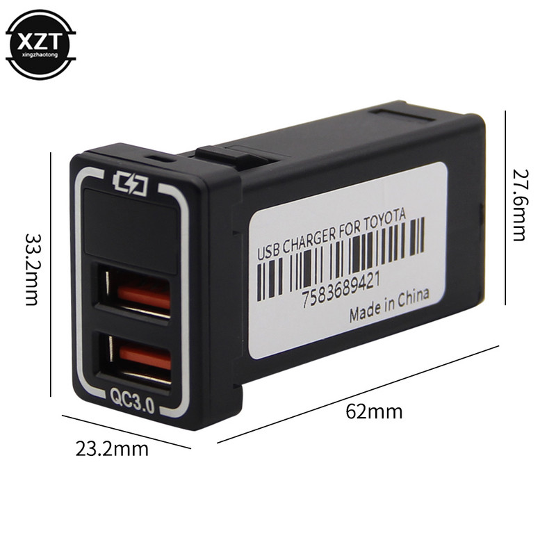 Încărcător de mașină universal cu două porturi USB Priză audio AUX Adaptor de încărcare rapidă QC3.0 cu afișaj voltmetru LED pentru Toyota