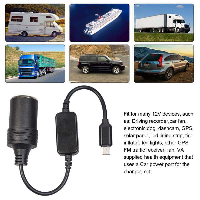 USB C Type C – 12V autós szivargyújtó csatlakozó aljzat átalakító adapter kábel autós szivargyújtókhoz autós porszívó