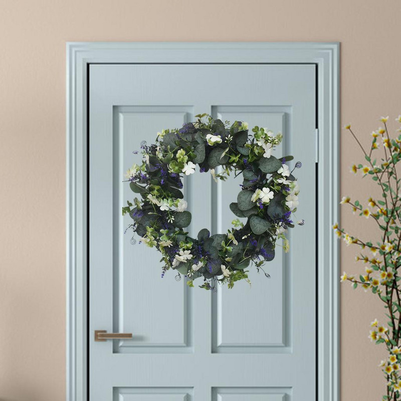 Coroană de eucalipt verde de 16 inch, ghirlandă pentru ușă din față, ornament de verandă, coroană de verdeață de primăvară, vară, pentru decorarea casei