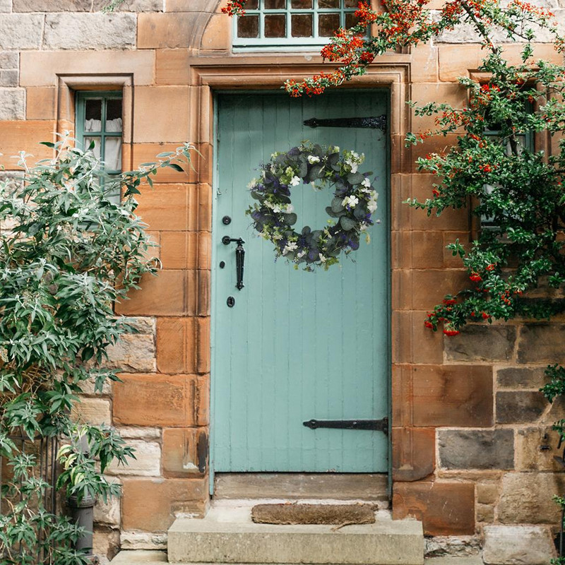 Coroană de eucalipt verde de 16 inch, ghirlandă pentru ușă din față, ornament de verandă, coroană de verdeață de primăvară, vară, pentru decorarea casei