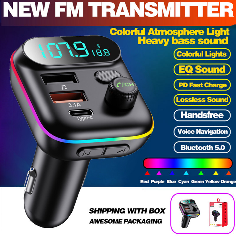 Transmițător FM Bluetooth 5.0 pentru mașină Dual USB QC3.0 PD Tip C Încărcător auto Lumină ambientală Mâini libere Mp3 Music Player Suport card TF