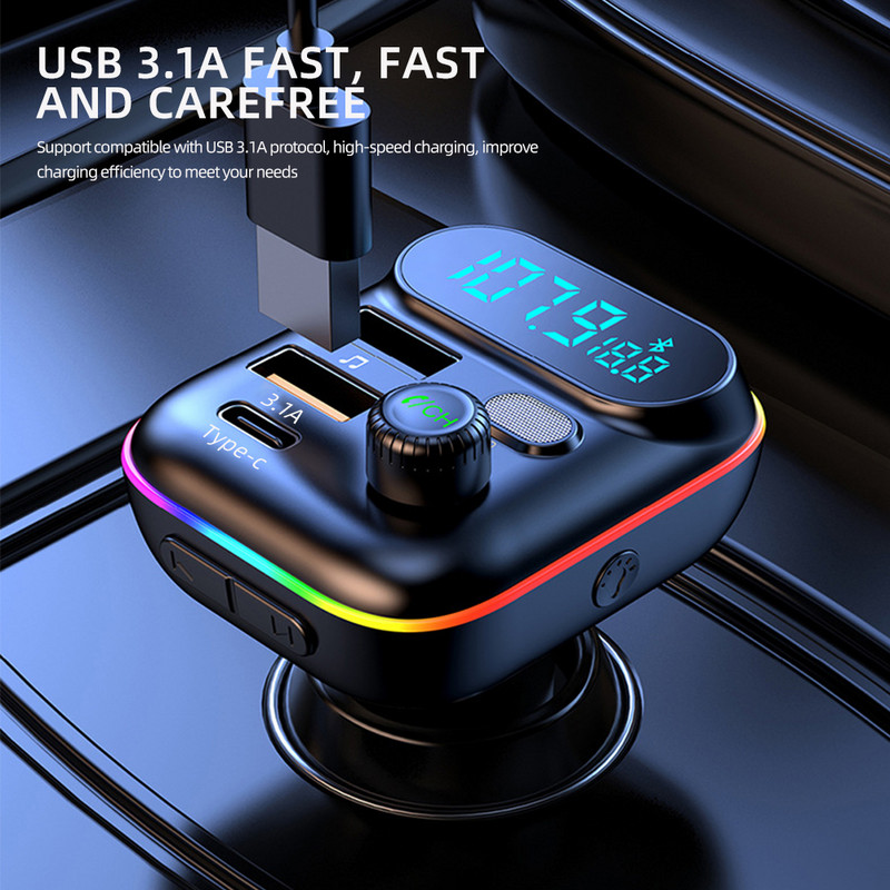 Transmițător FM Bluetooth 5.0 pentru mașină Dual USB QC3.0 PD Tip C Încărcător auto Lumină ambientală Mâini libere Mp3 Music Player Suport card TF