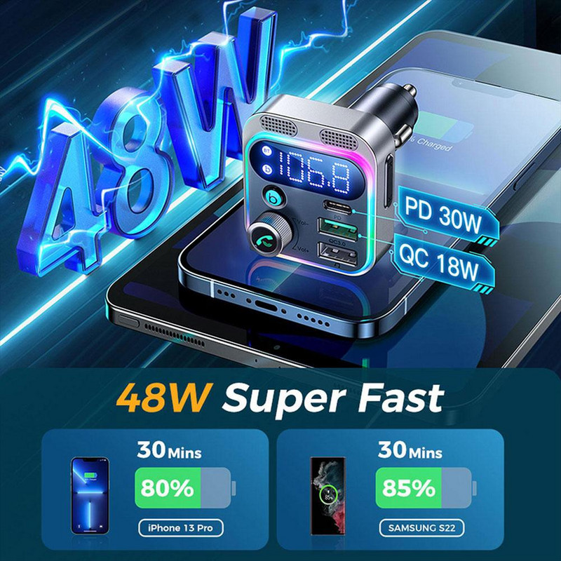 Adaptor Bluetooth nou 48W PD QC3.0 Transmițător Bluetooth pentru mașină 5.0FM pentru microfon dublu auto Sunet bas profund Încărcător Bluetooth Aux