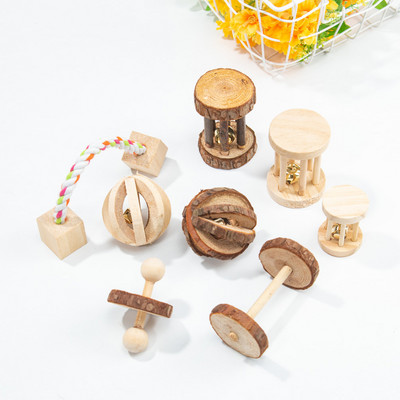 1pcs Natural Wooden Rabbits Toys Cute Pine Dumbells Unicycle Bell Roller Chew Toys for Guinea Pigs Rat Small Pet Molars Supplies
