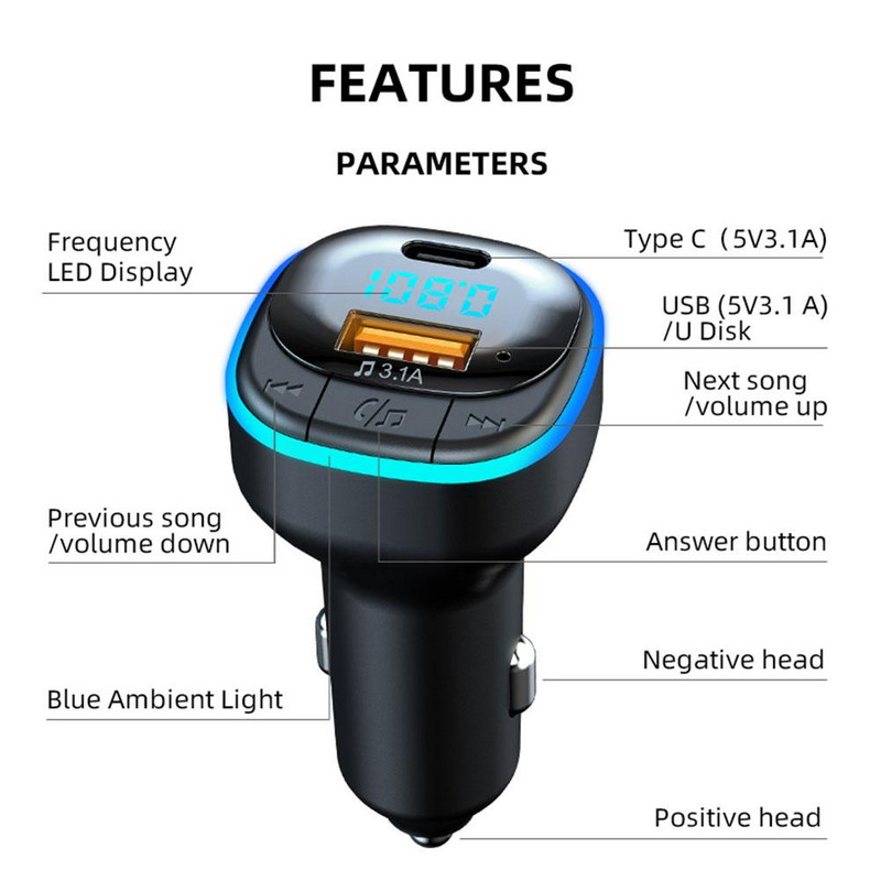 Încărcător Bluetooth 5.0 pentru mașină Transmițător MP3 FM fără mâini Încărcător auto BT 5V 3.1A PD 25W Încărcător rapid Adaptor auto Receptor audio