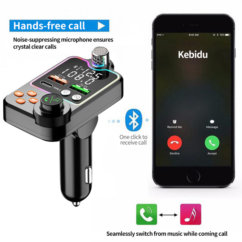 Transmițător FM pentru mașină Bluetooth 5.0 Încărcător dublu USB pentru mașină PD Type-C Încărcare rapidă Apel fără fir Mâini libere Receptor audio MP3 Player