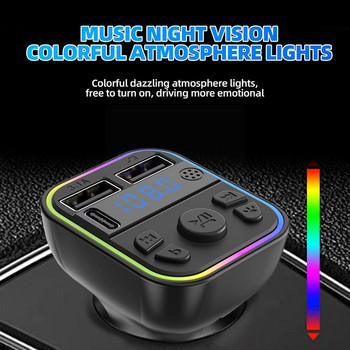 Διπλός πομπός USB αυτοκινήτου FM Bluetooth 5.0 PD Type-C Φορτιστής Player Colorful Light Ambient 3.1A Fast MP3 Handsfree Modulator P5W1
