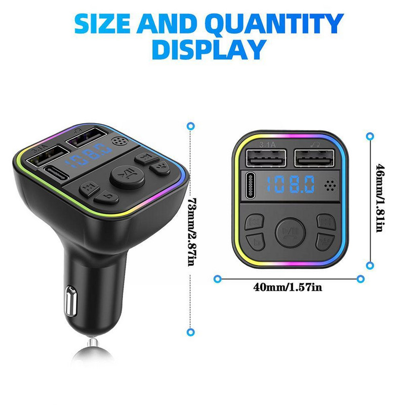 Transmițător FM dublu USB pentru mașină Bluetooth 5.0 PD tip C încărcător Player Lumină colorată Ambient 3.1A Rapid MP3 Modulator Mâini libere P5W1