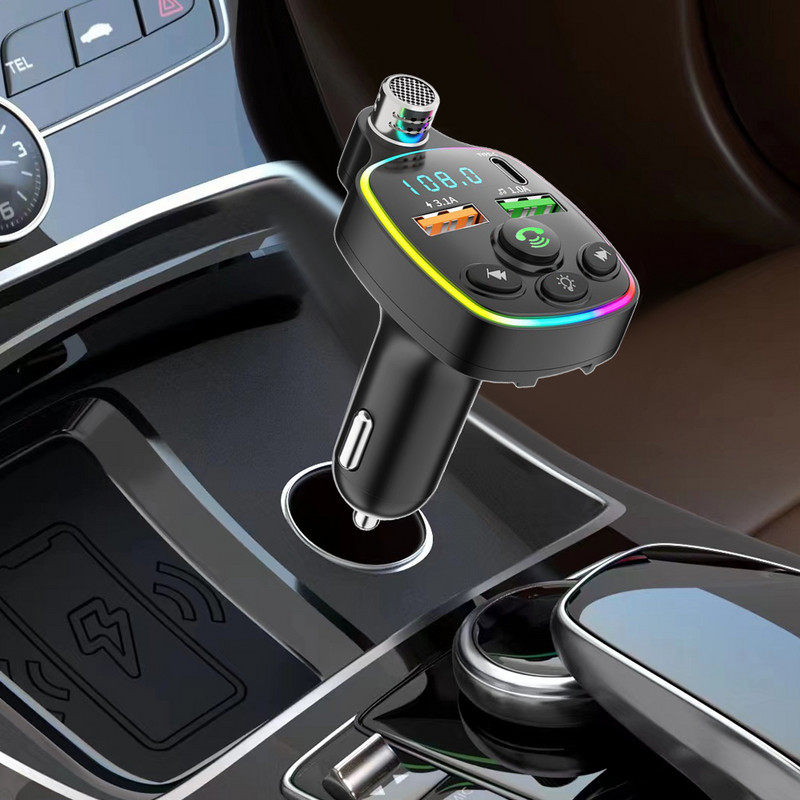 Transmițător FM pentru mașină Bluetooth 5.0 Dual USB 3.1A+Type-C Încărcător auto Lumină ambientală Kit auto Mâini libere Player Mp3 Suport card U TF