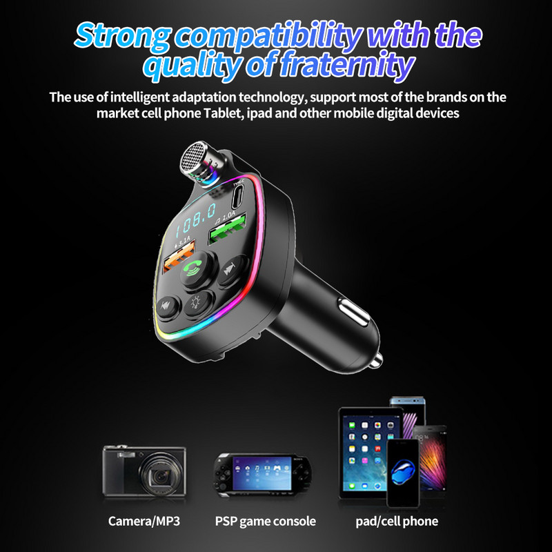 Transmițător FM pentru mașină Bluetooth 5.0 Dual USB 3.1A+Type-C Încărcător auto Lumină ambientală Kit auto Mâini libere Player Mp3 Suport card U TF
