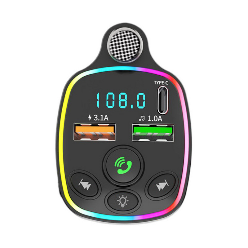 Transmițător FM pentru mașină Bluetooth 5.0 Dual USB 3.1A+Type-C Încărcător auto Lumină ambientală Kit auto Mâini libere Player Mp3 Suport card U TF