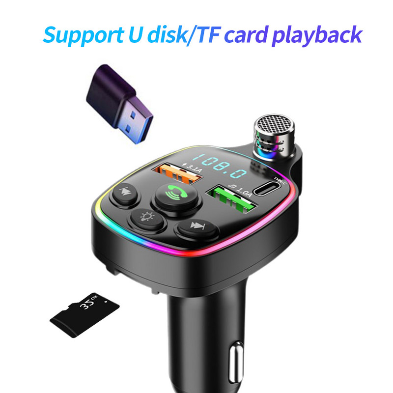 Transmițător FM pentru mașină Bluetooth 5.0 Dual USB 3.1A+Type-C Încărcător auto Lumină ambientală Kit auto Mâini libere Player Mp3 Suport card U TF