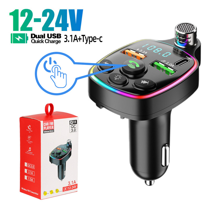 Transmițător FM pentru mașină Bluetooth 5.0 Dual USB 3.1A+Type-C Încărcător auto Lumină ambientală Kit auto Mâini libere Player Mp3 Suport card U TF