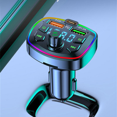 Кола Bluetooth-съвместима запалка Радио FM трансмитер PD 18W Type-C Dual USB 3.1A Цветна околна светлина MP3 плейър