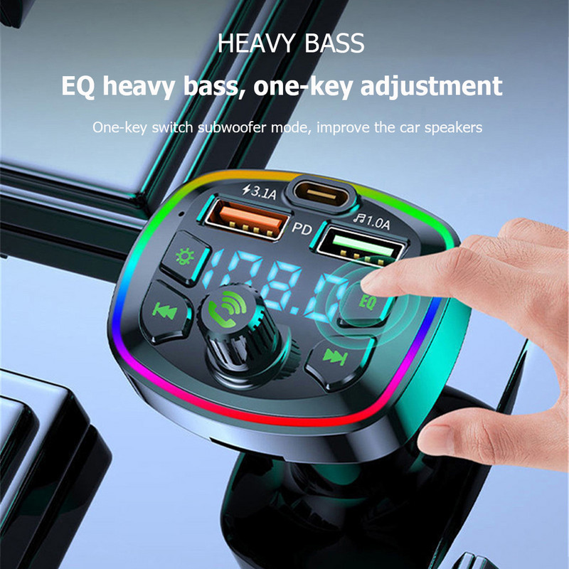 Brichetă auto compatibilă cu Bluetooth Radio FM Transmițător PD 18W Type-C Dual USB 3.1A Lumină ambientală colorată MP3 Player