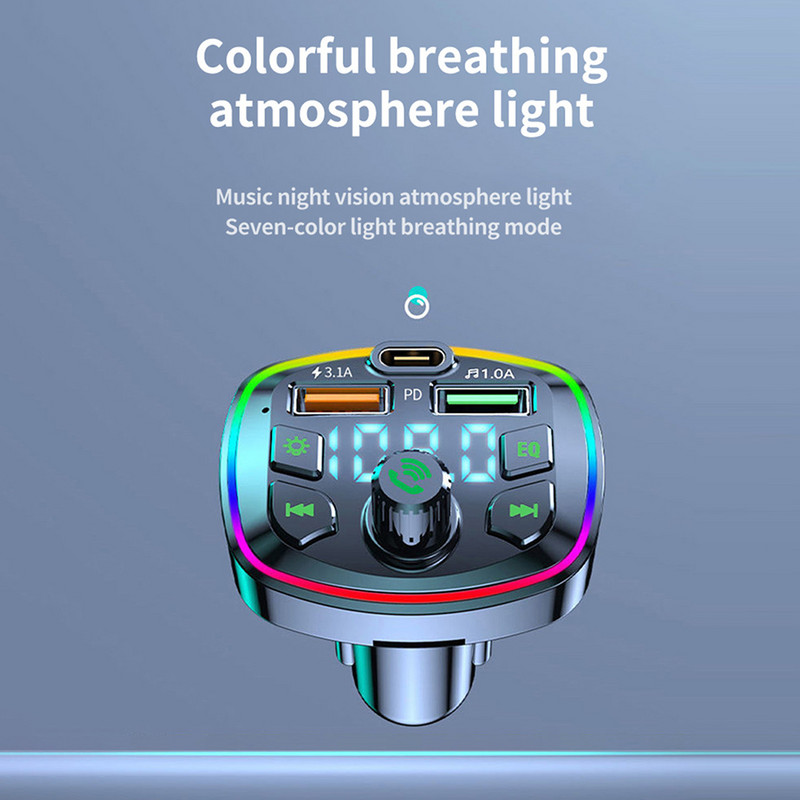 Brichetă auto compatibilă cu Bluetooth Radio FM Transmițător PD 18W Type-C Dual USB 3.1A Lumină ambientală colorată MP3 Player