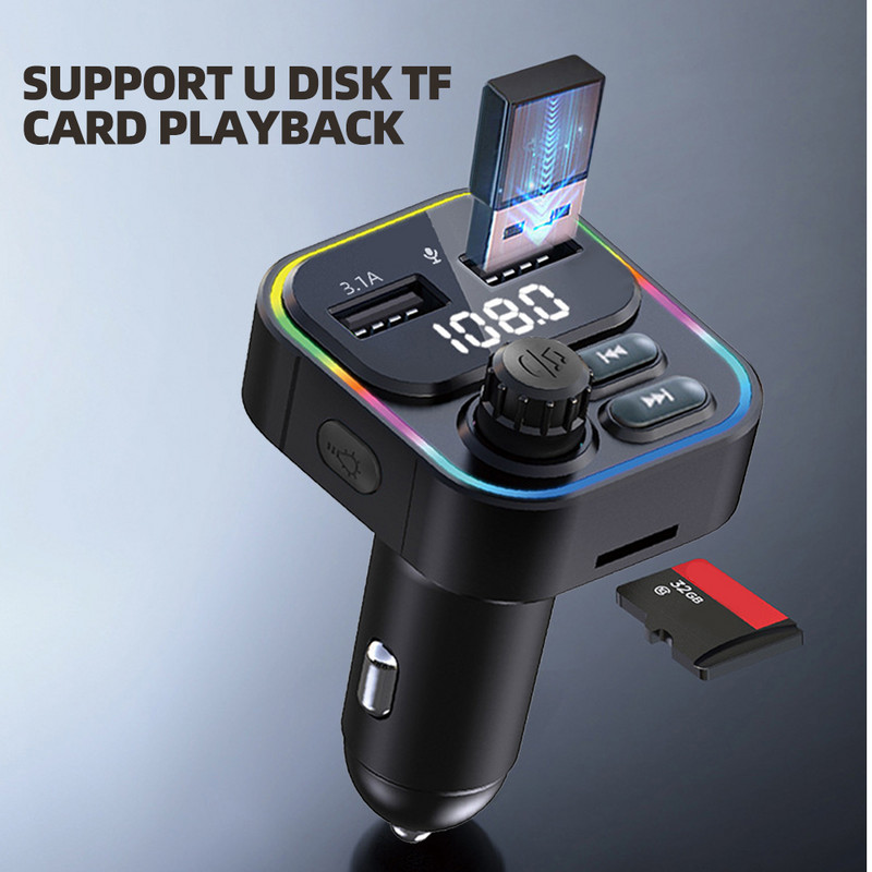 5V 3.1A Încărcător dublu USB pentru mașină Transmițător FM Adaptor Bluetooth Apel fără fir Mâini libere Player Mp3 stereo cu lumină ambientală