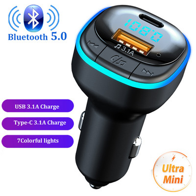 Bluetooth 5.0 FM трансмитер USB флаш устройство Mp3 плейър за кола Тип C Usb 3.1A Бързо зареждане Зарядно за телефон Bluetooth Хендсфрий за кола