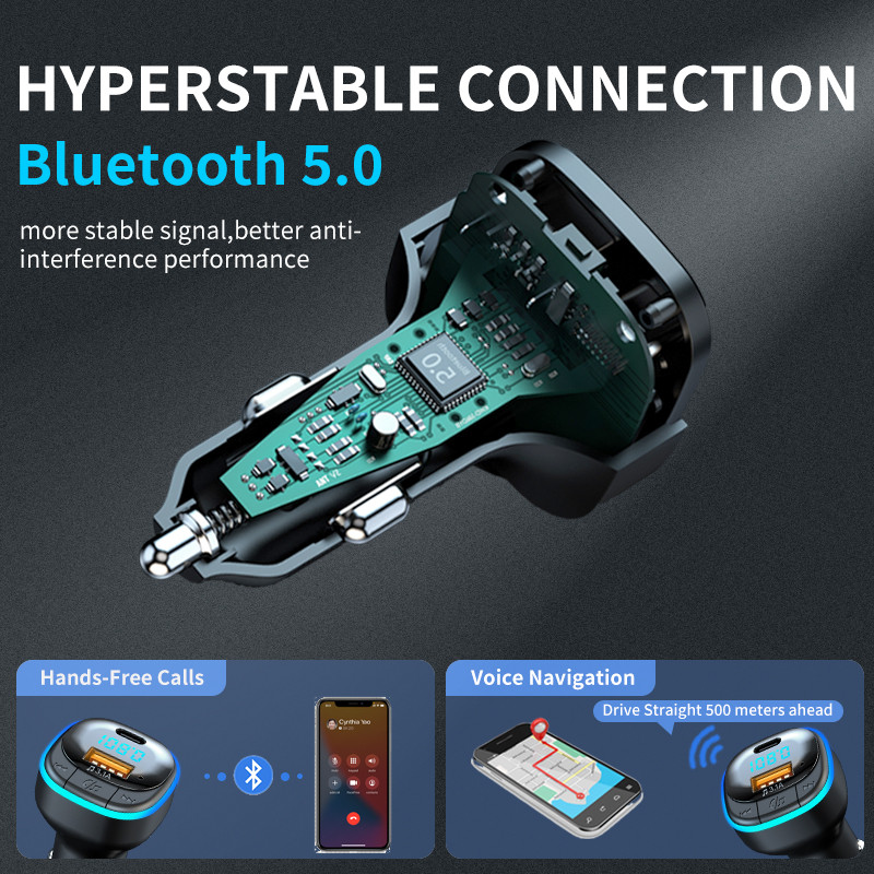 Transmițător FM Bluetooth 5.0 Unitate flash USB pentru mașină Player Mp3 tip C Usb 3.1A Încărcare rapidă Încărcător pentru telefon Bluetooth Mâini libere pentru mașină
