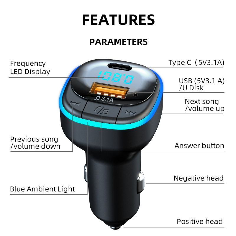 Transmițător FM Bluetooth 5.0 Unitate flash USB pentru mașină Player Mp3 tip C Usb 3.1A Încărcare rapidă Încărcător pentru telefon Bluetooth Mâini libere pentru mașină